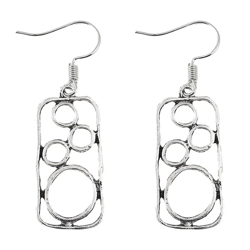 Round geometric earrings with irregular square designs in antique silver finish