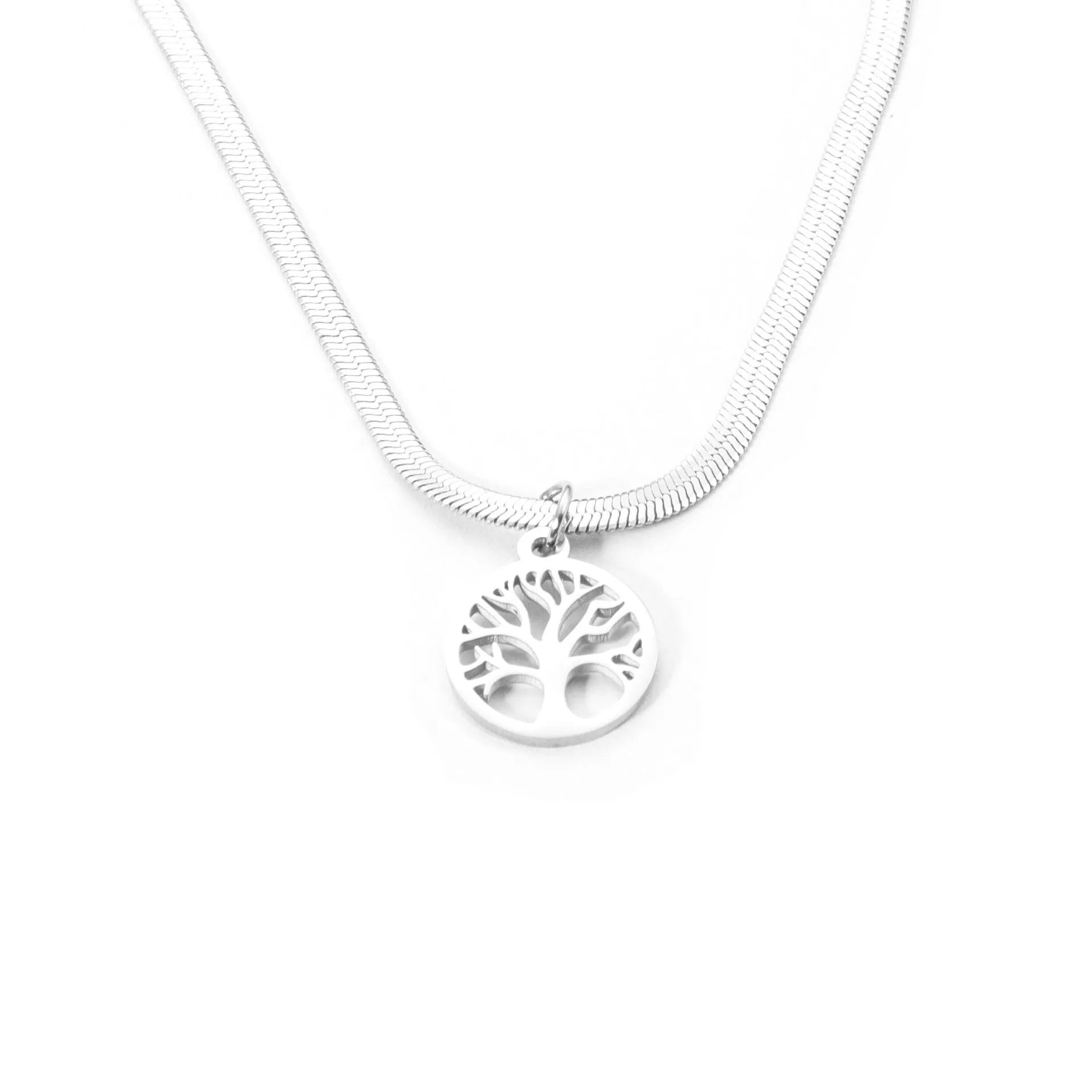 Stainless steel lucky tree pendant necklace on snake bone chain with adjustable 51-60cm length