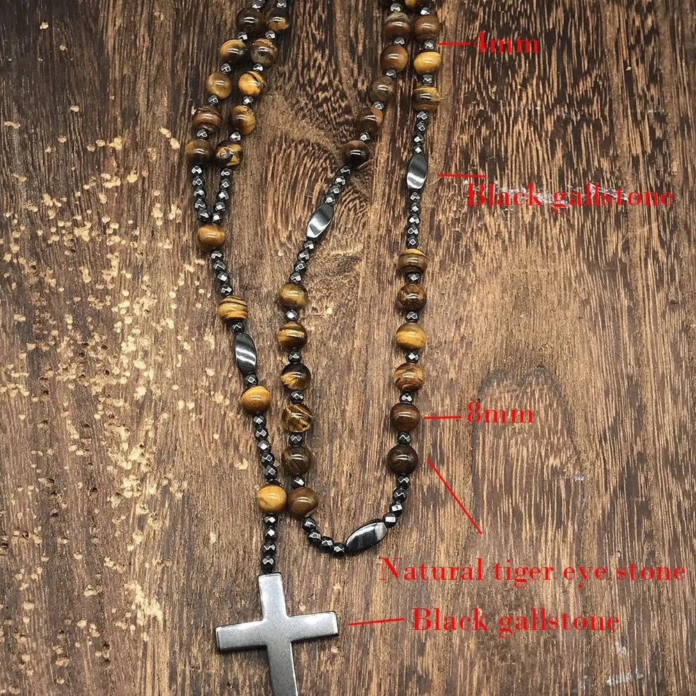 Men's hand-woven stone cross pendant necklace with ball bead chain 80cm unisex geometric design