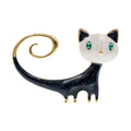 Women's alloy cat brooch with a hand-painted tail, shown in white and orange colour options.