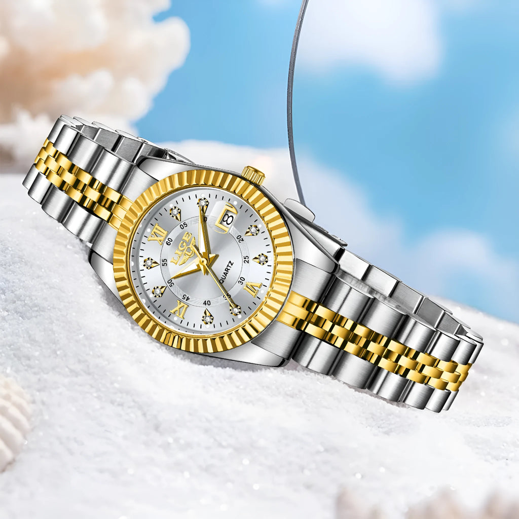 Slim 10mm waterproof women's fashion quartz watch showing gold and silver colour options.