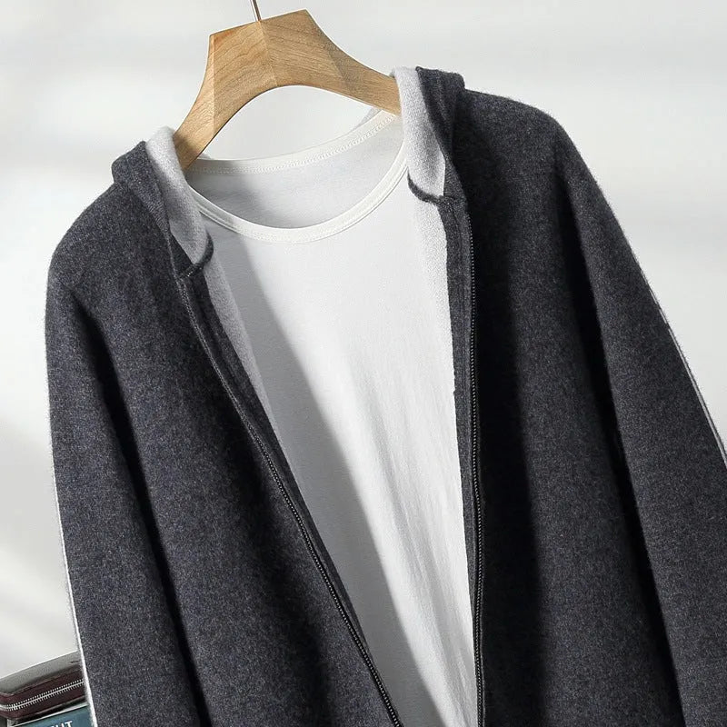 Men's dark blue cashmere blend zip cardigan with half-high collar and long sleeves
