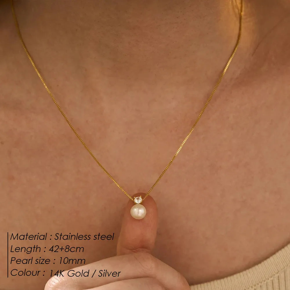 St Delan women's stainless steel necklace with imitation pearl and zircon pendant, gold colour, box chain