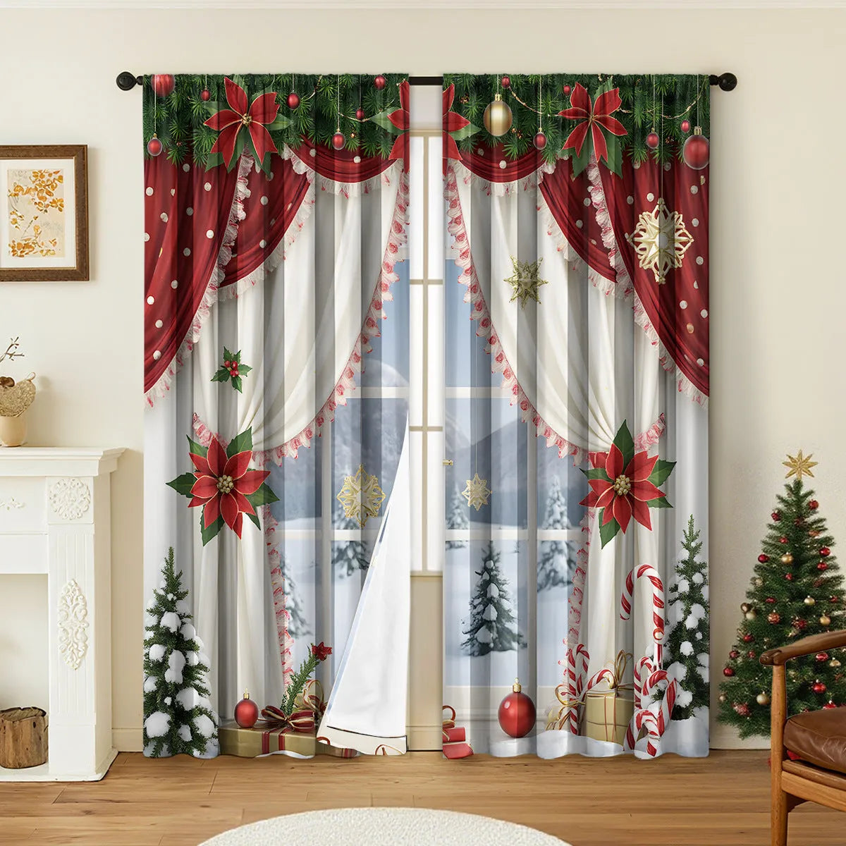 Pair of 3D digitally printed Christmas style curtains with European patterns on polyester fabric