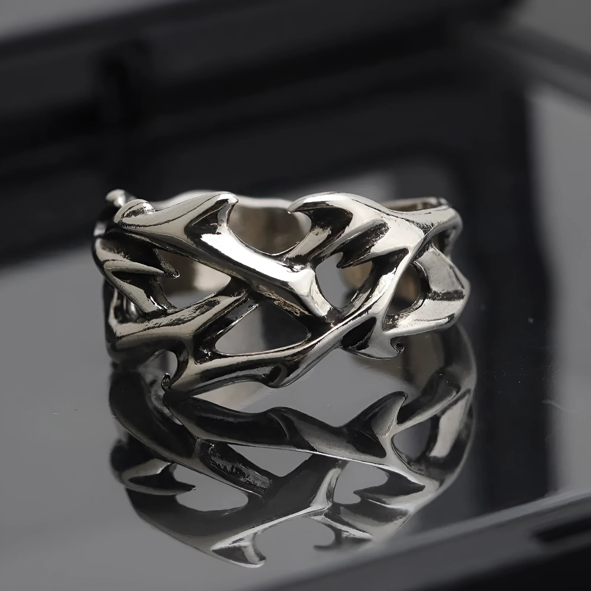 Copper thorn flower ring with adjustable opening in geometric design