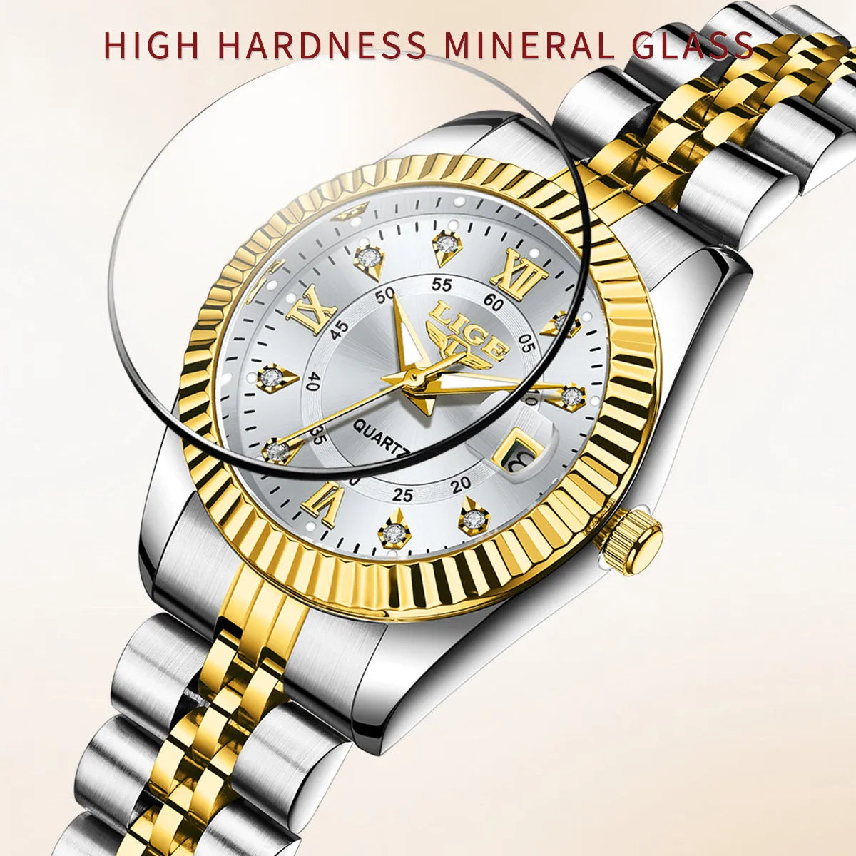 Slim 10mm waterproof women's fashion quartz watch showing gold and silver colour options.