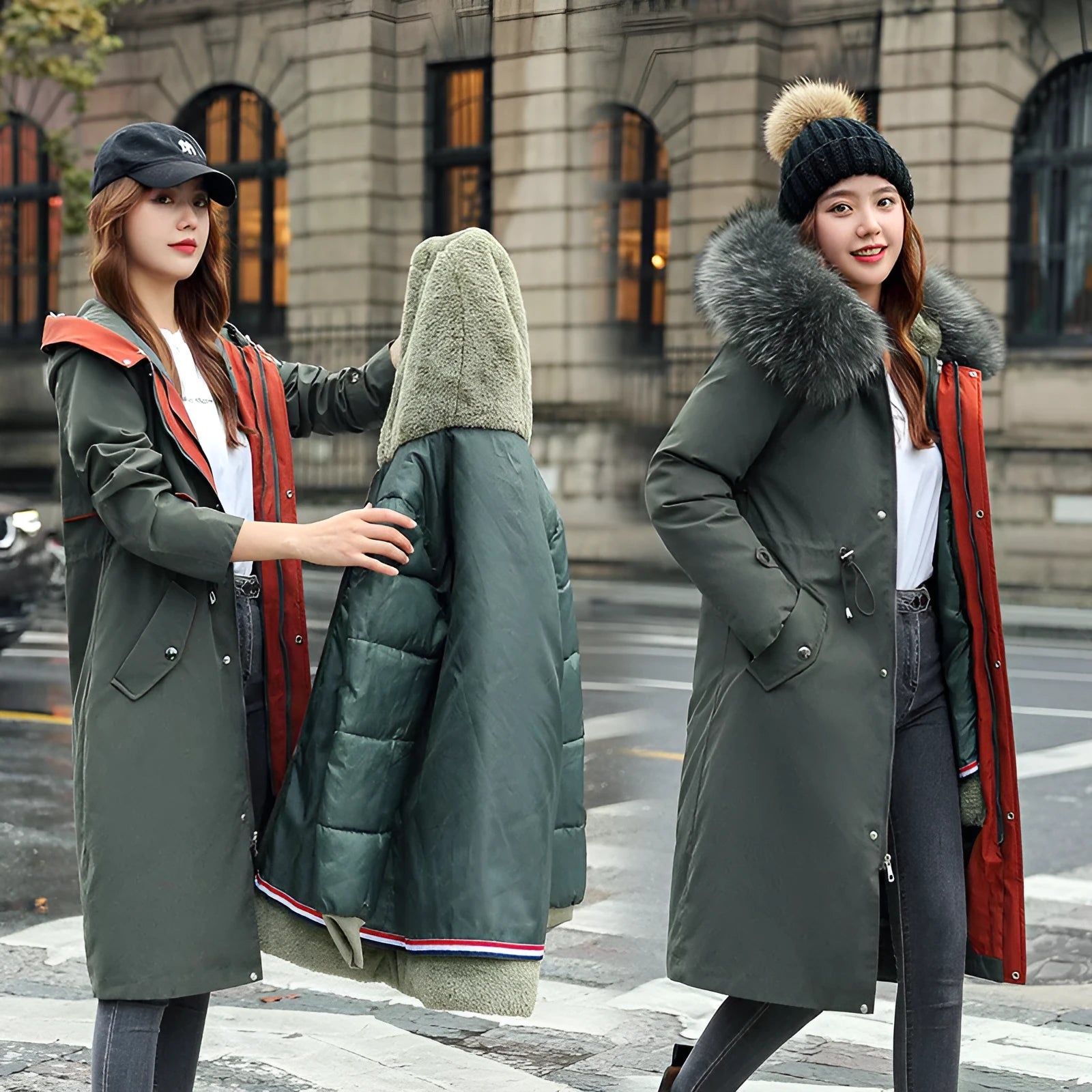 Women's long fleece trench coat in bean green colour with 100cm length and down cotton filler