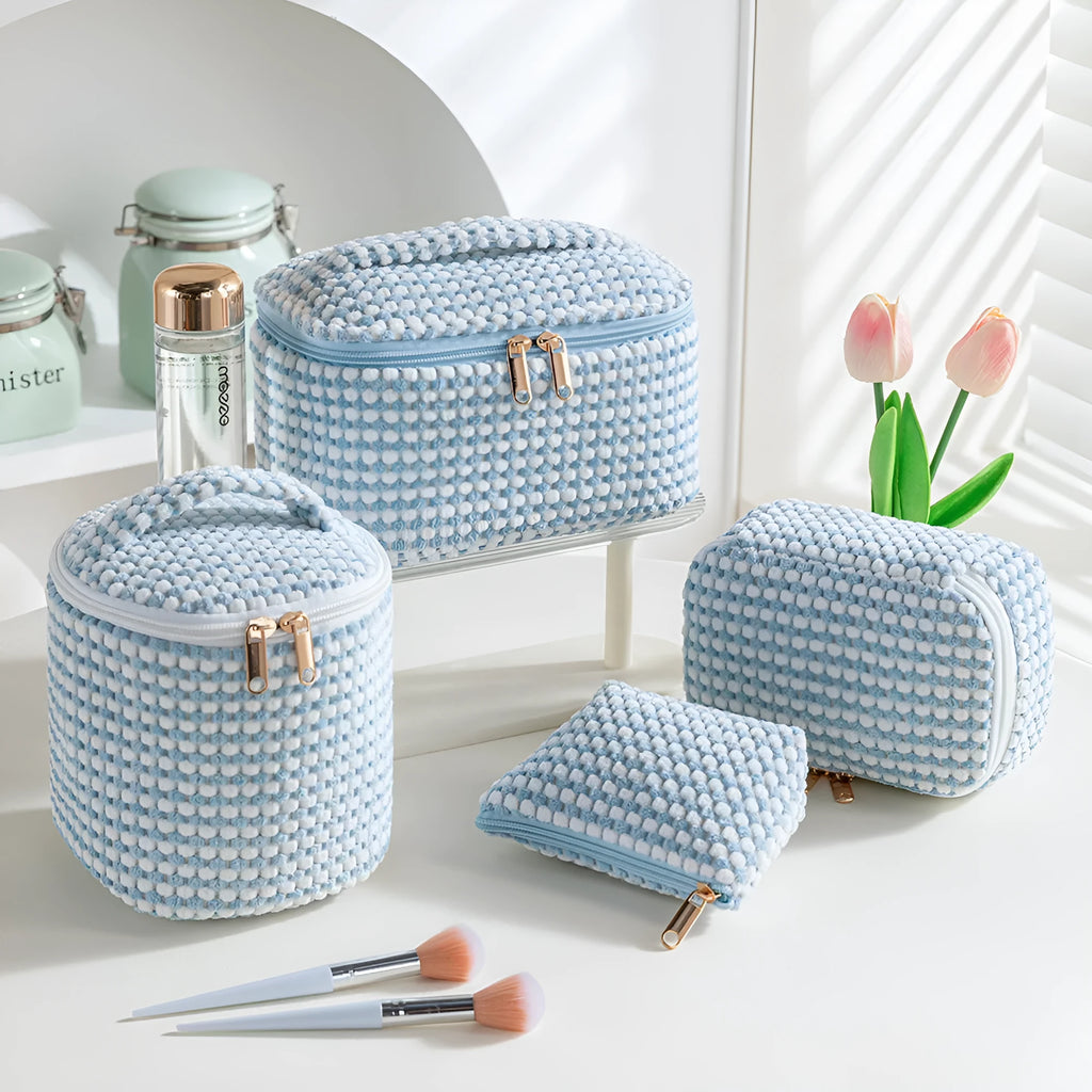 Flannelette makeup bag four-piece travel set in cube style design with modern simplicity aesthetic