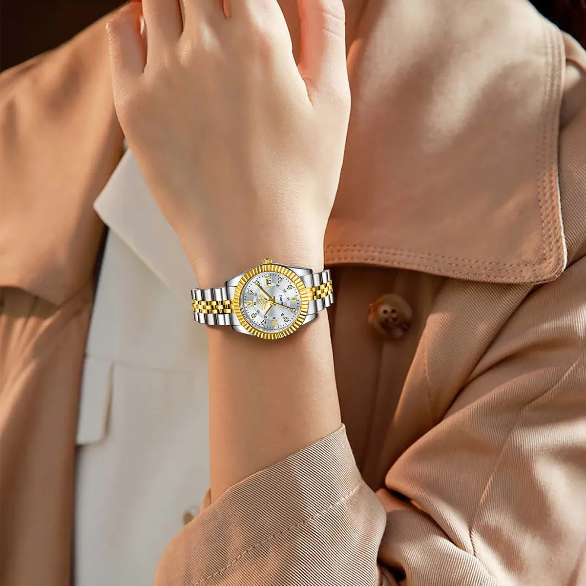 Slim 10mm waterproof women's fashion quartz watch showing gold and silver colour options.