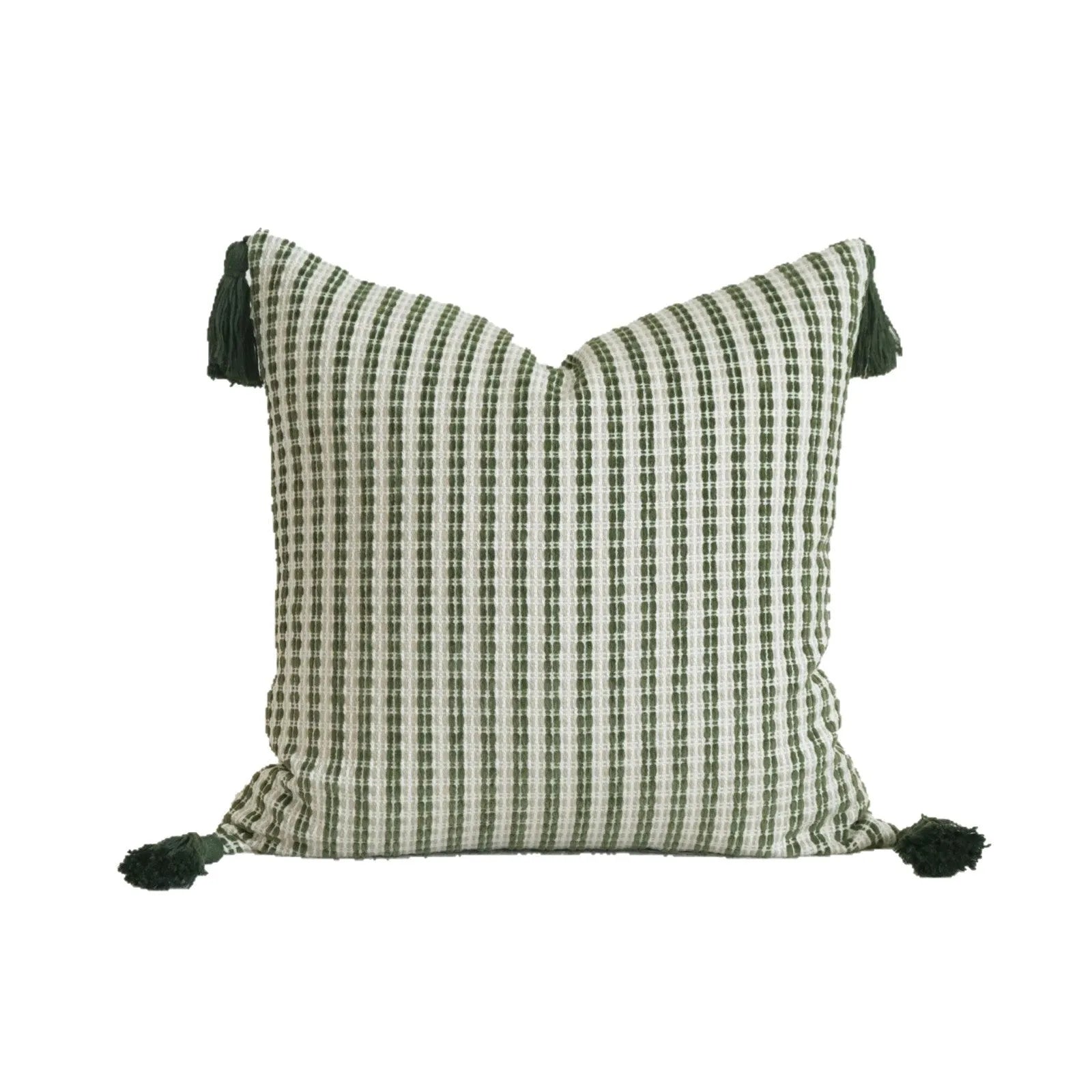 Green striped cotton linen hotel sample pillow with silk floss filler on a bed display.