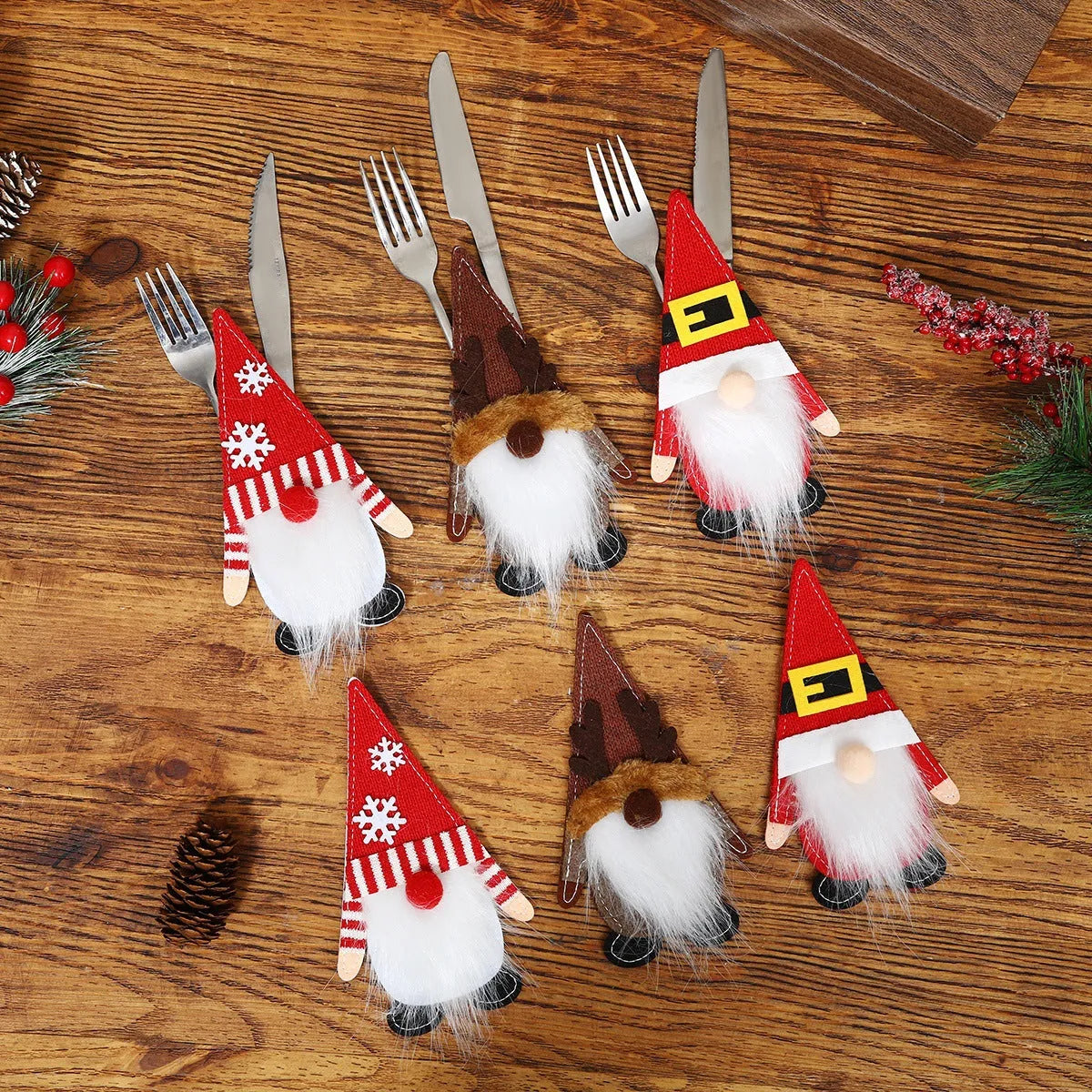 Christmas knife and fork cloth cover in snowflake style on a dining table