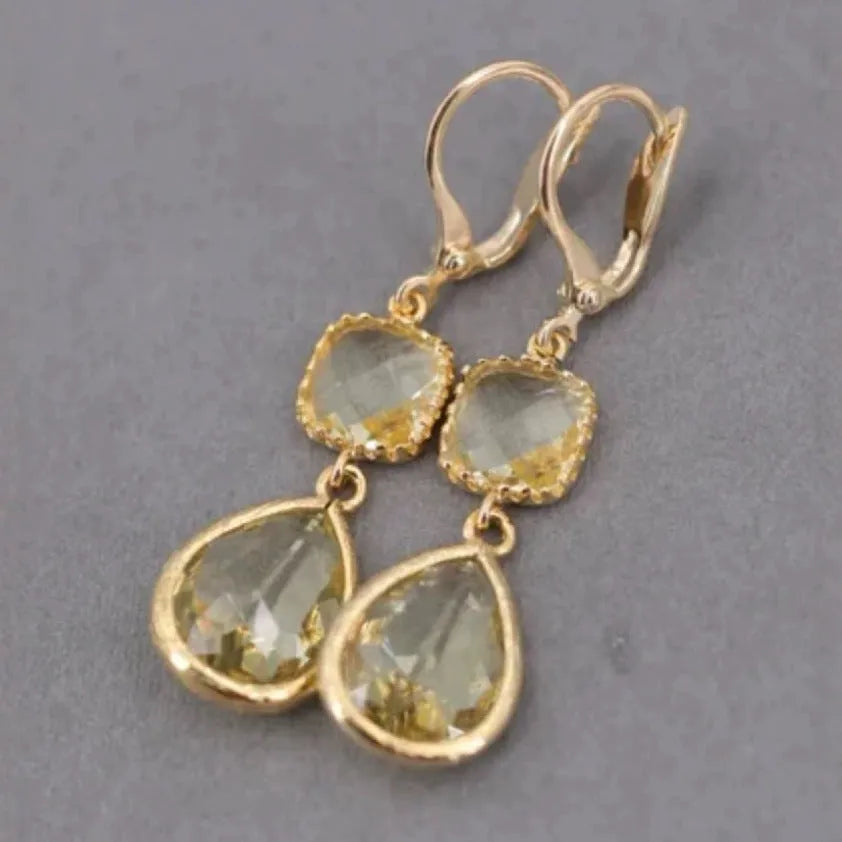 Gold geometric crystal long fringe earrings with water droplet elements and retro European styling