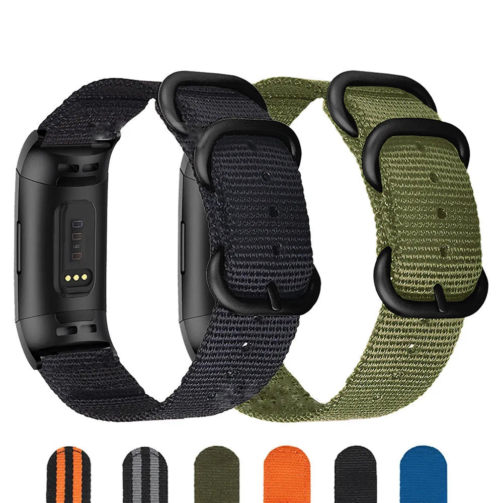 Nylon three-ring buckle replacement watch strap for Fitbit Charge 2, 3, 4, 5 in multiple colours.