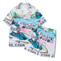 Polyester beach shirt and trousers outfit set with plaid pattern, short sleeves