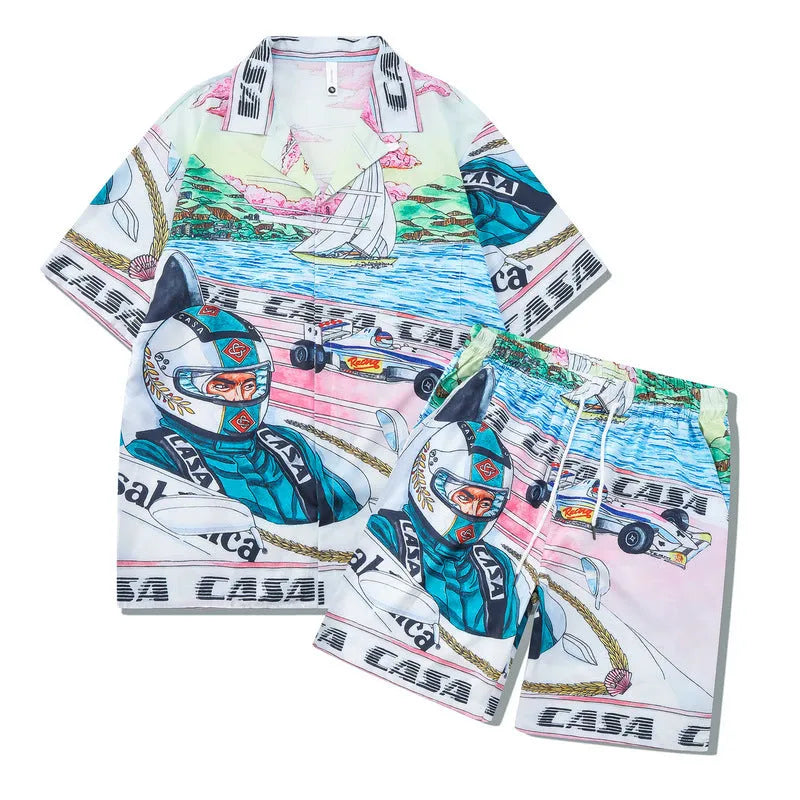 Polyester beach shirt and trousers outfit set with plaid pattern, short sleeves
