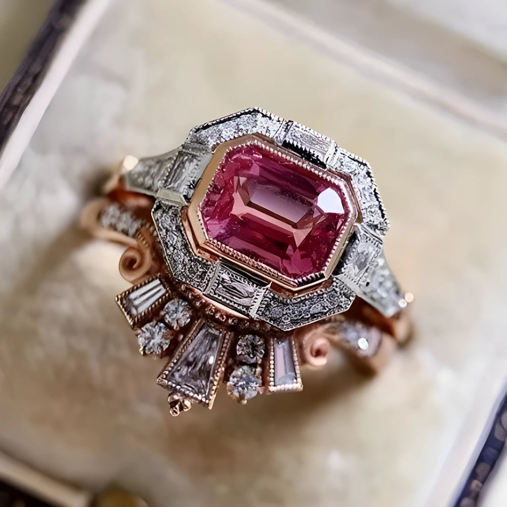 Women's rose gold colour alloy ring with geometric ruby-coloured centrepiece on finger