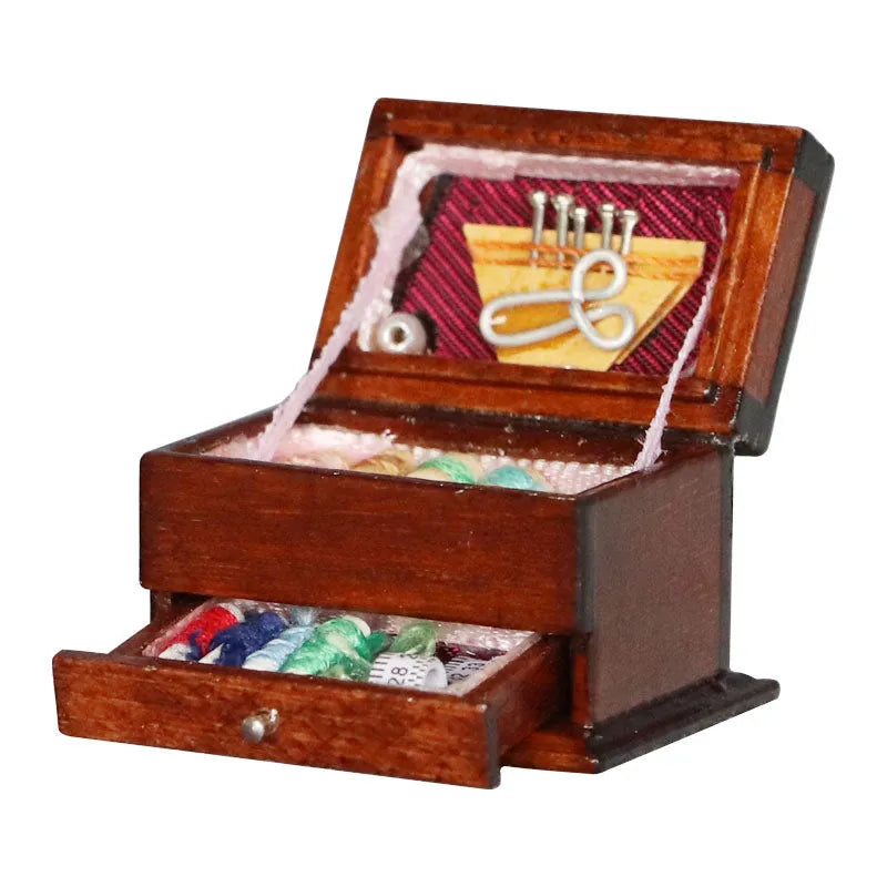 Miniature birch wood vintage sewing kit ornament with European styling and double layer colour