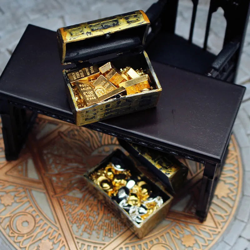 Alloy miniature treasure box with gold coins and bars for doll house accessories
