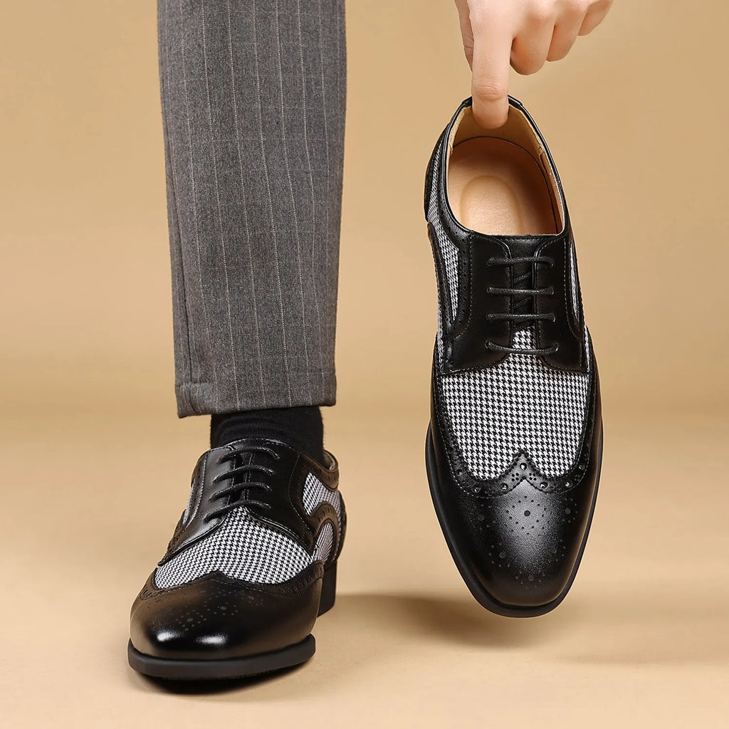 Men's black houndstooth plaid canvas casual shoes with a rubber sole and square toe.