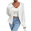 White women's V-neck cardigan sweater with medium thickness and standard length