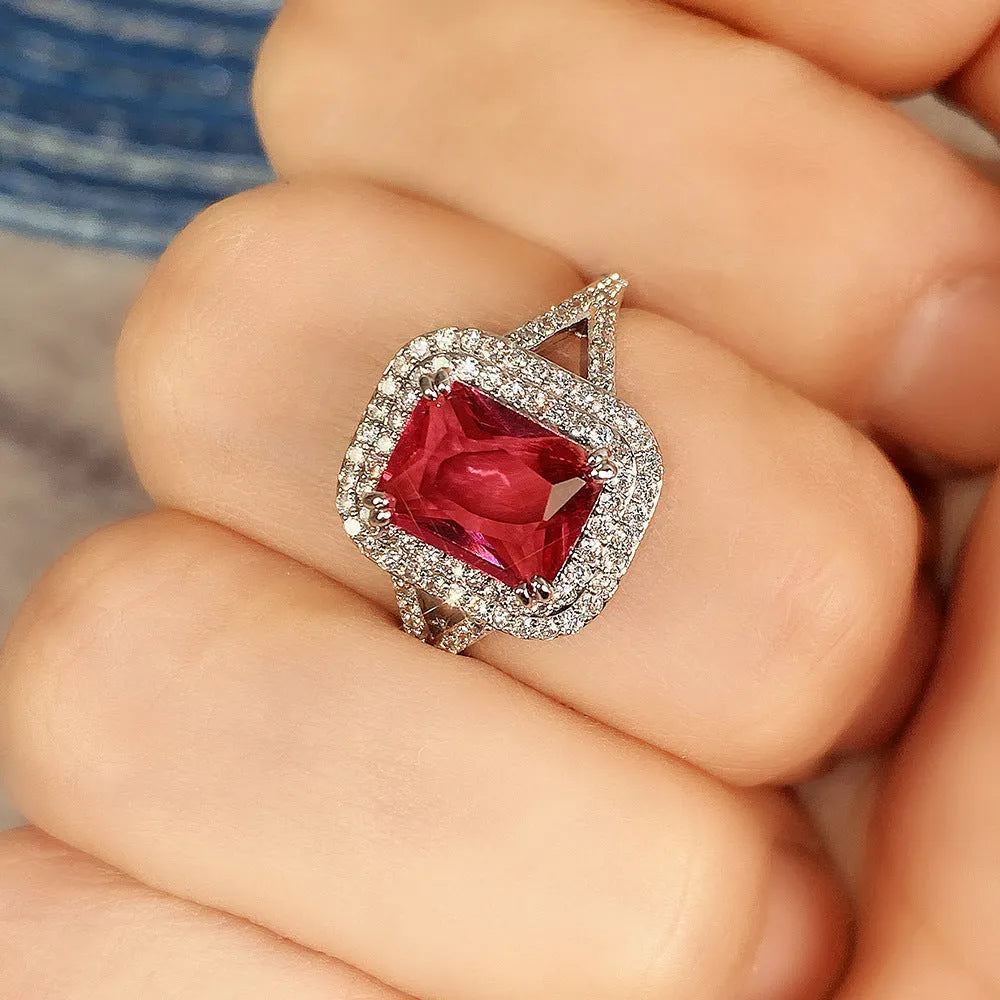 Copper square princess rhinestone ring in F827 Red colour for women with geometric design