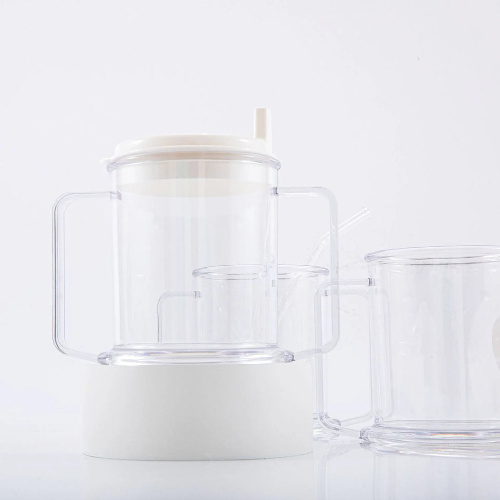 Transparent spill-proof drinking cup with modern design showing 14cm height
