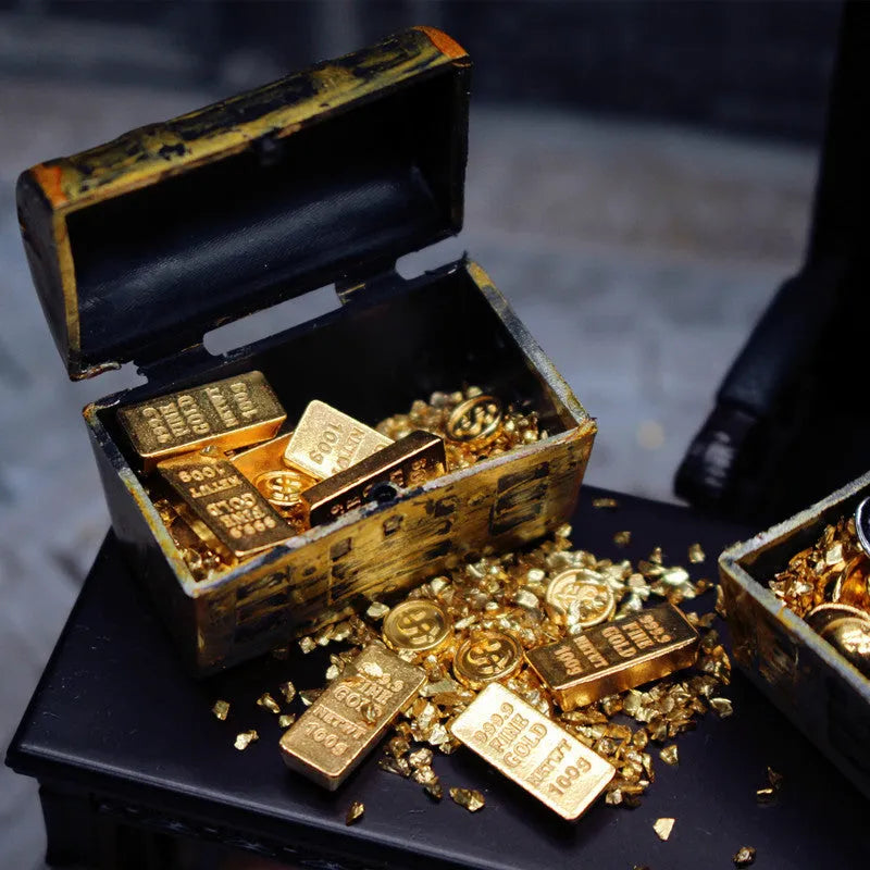 Alloy miniature treasure box with gold coins and bars for doll house accessories