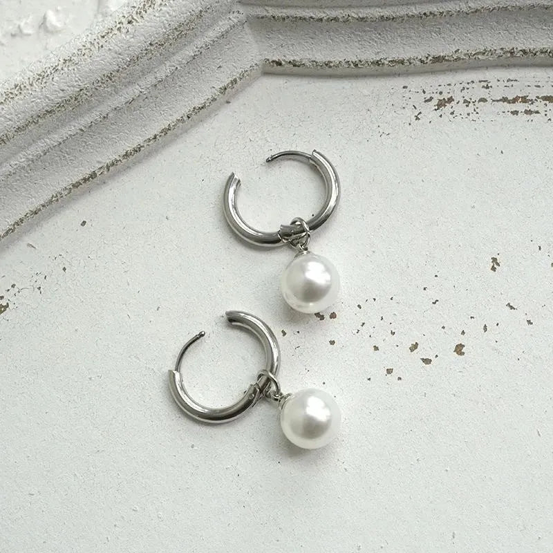 Women's geometric pearl earrings with alloy construction and titanium steel components