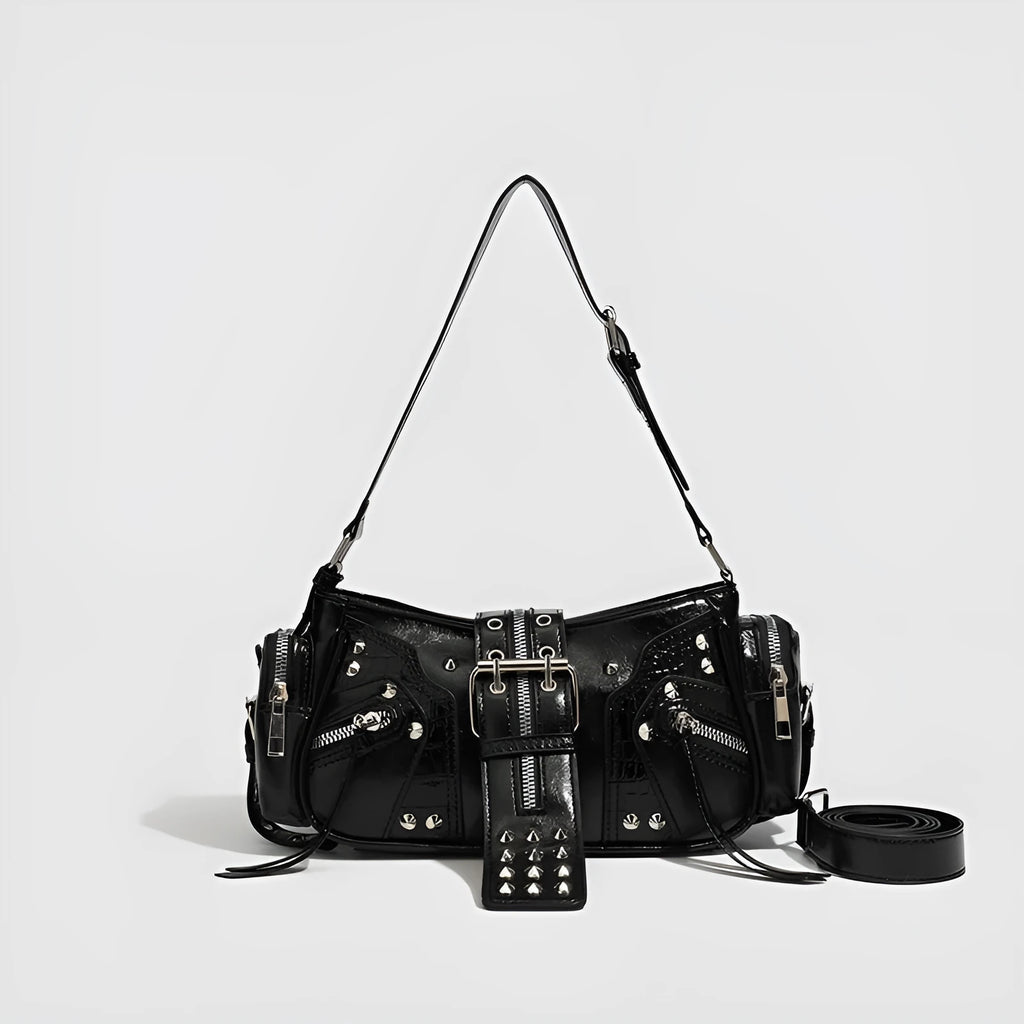 Black oil wax leather retro handbag with dumpling shape and multiple zippered compartments