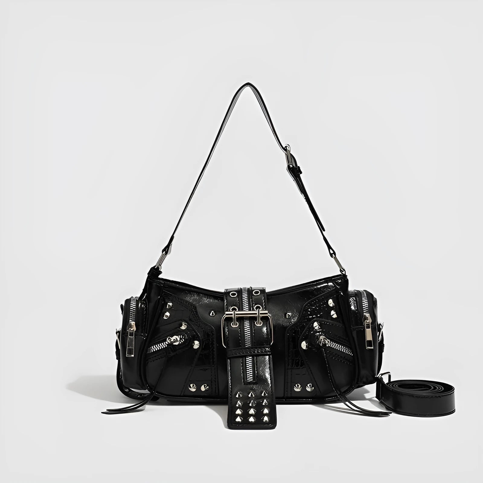 Black oil wax leather retro handbag with dumpling shape and multiple zippered compartments