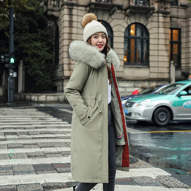 Women's long fleece trench coat in bean green colour with 100cm length and down cotton filler