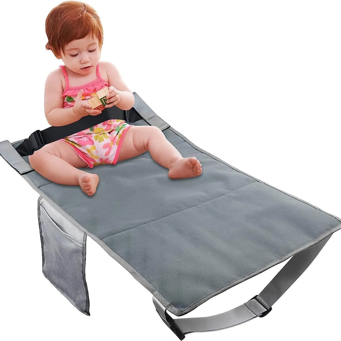 Portable children's aircraft seat extender with adjustable pedal in blue colour with foldable design