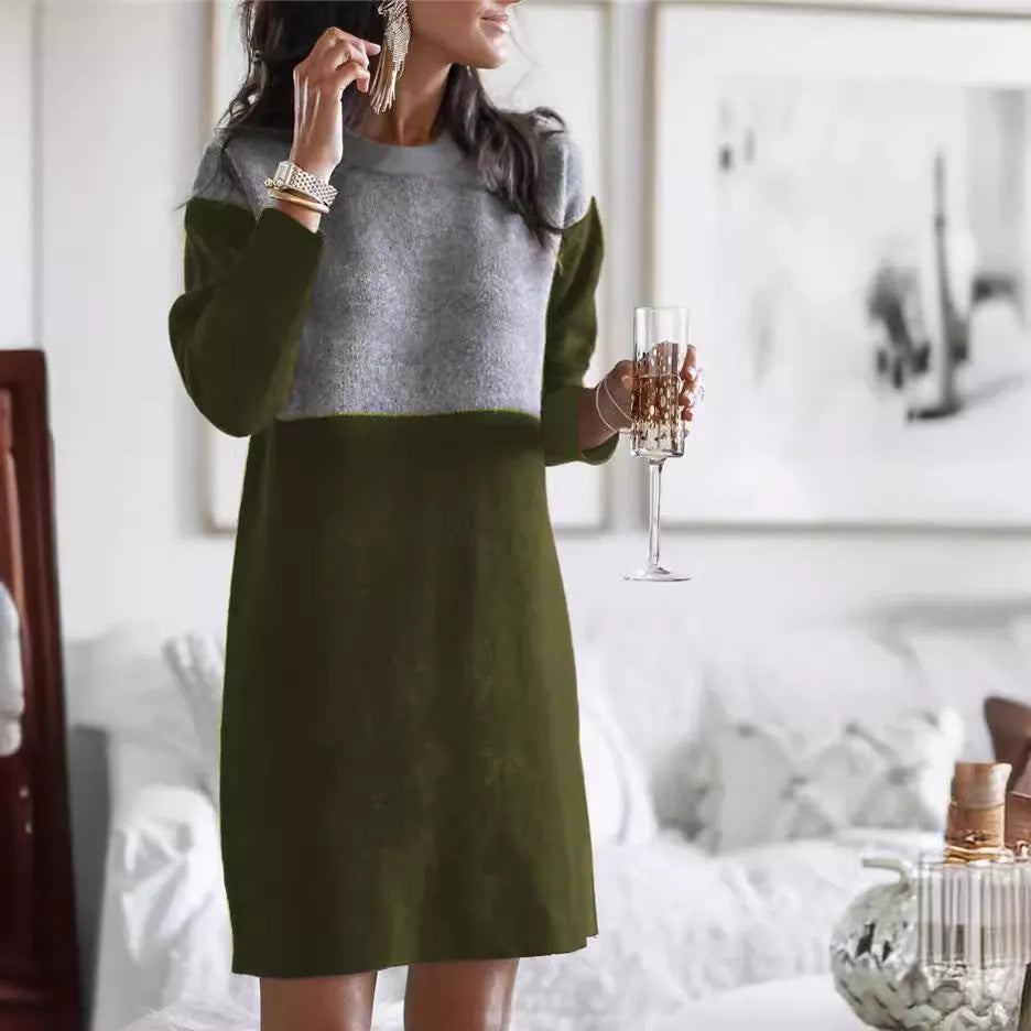 Brown women's polar fleece dress with long sleeves, round neck, and patchwork craft detail.