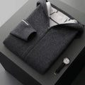 Men's dark blue cashmere blend zip cardigan with half-high collar and long sleeves