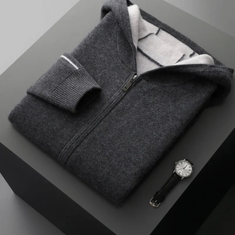 Men's dark blue cashmere blend zip cardigan with half-high collar and long sleeves