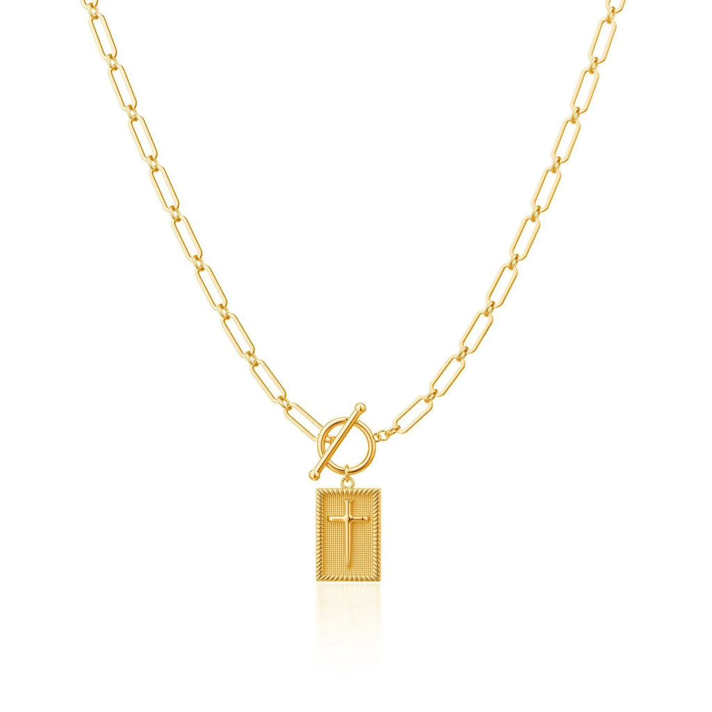 Gold clip cross square pendant necklace on clip chain stainless steel electroplated finish
