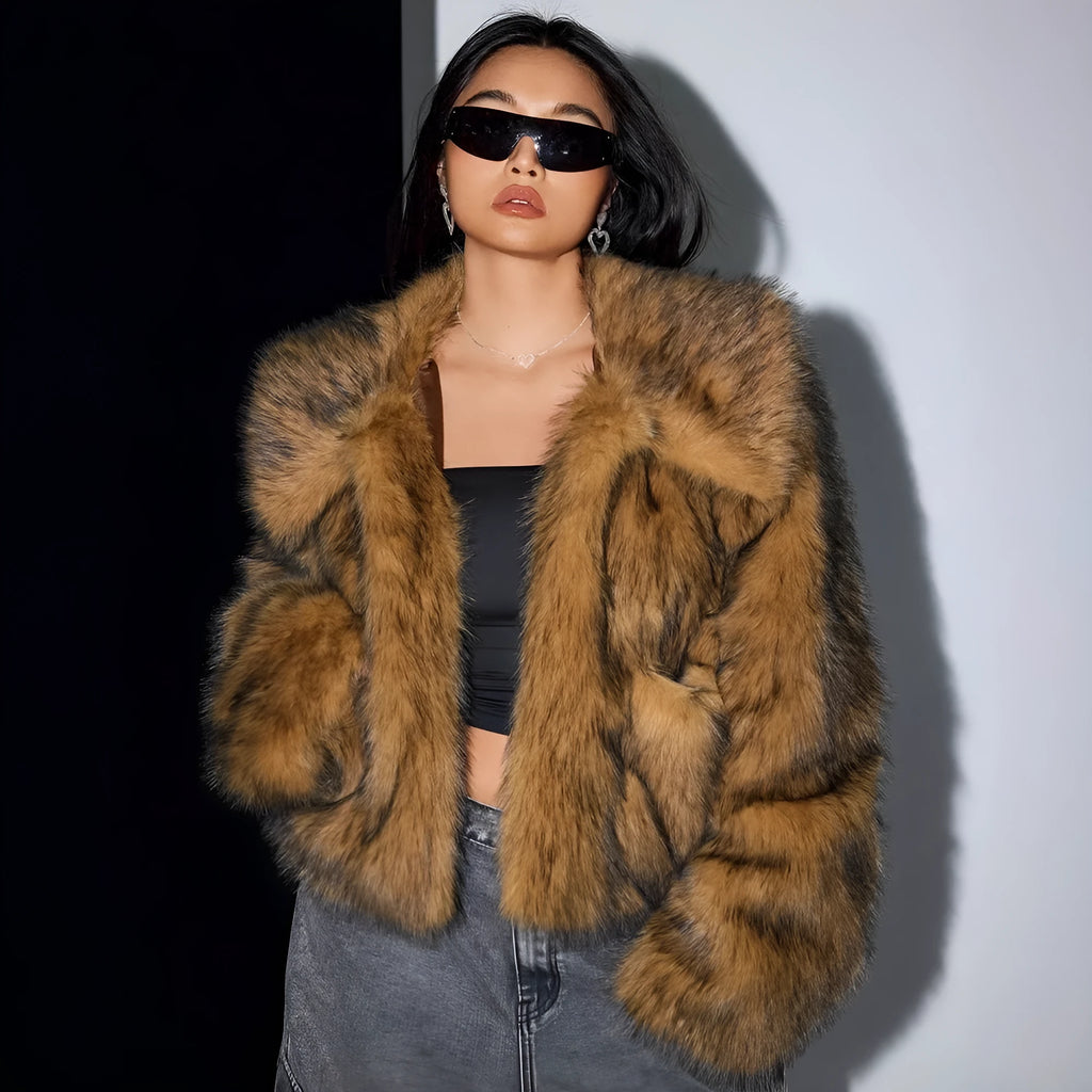 Artificial fur coat with faux fox fur collar in short 40cm length available in multiple colour options