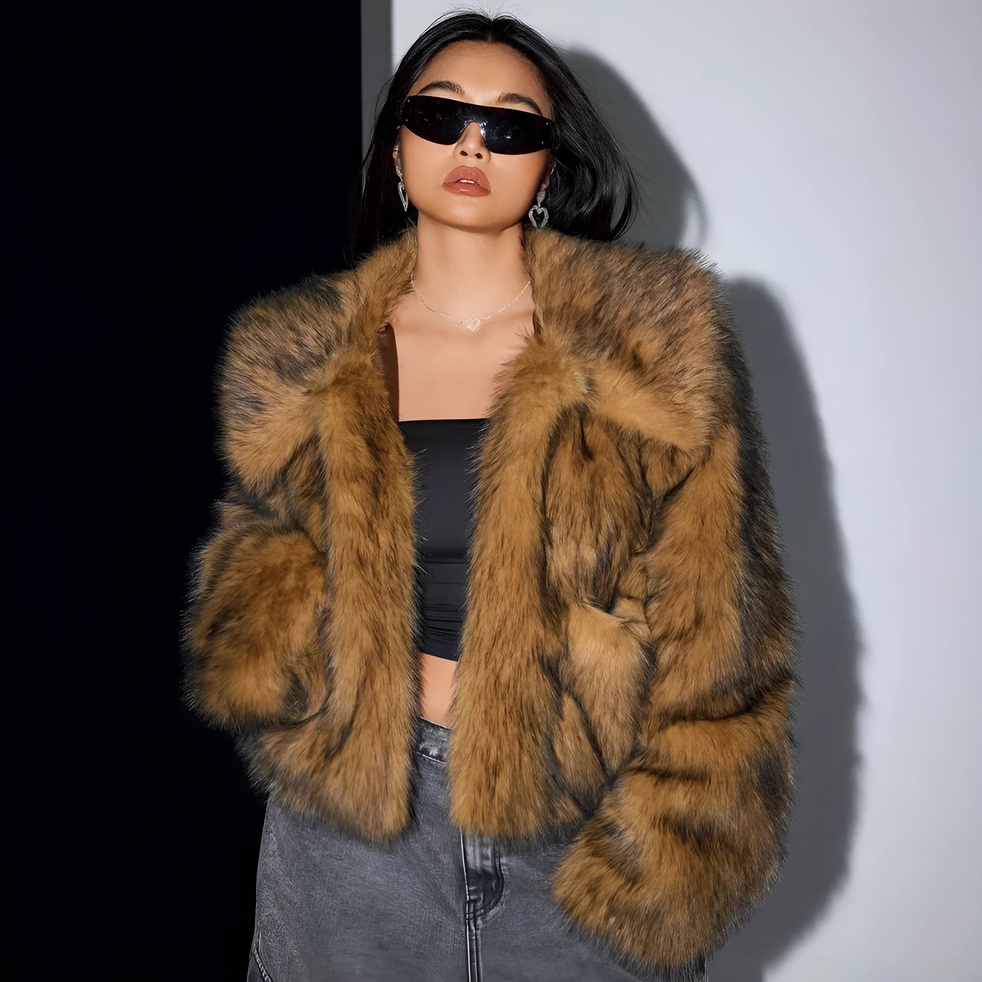 Artificial fur coat with faux fox fur collar in short 40cm length available in multiple colour options
