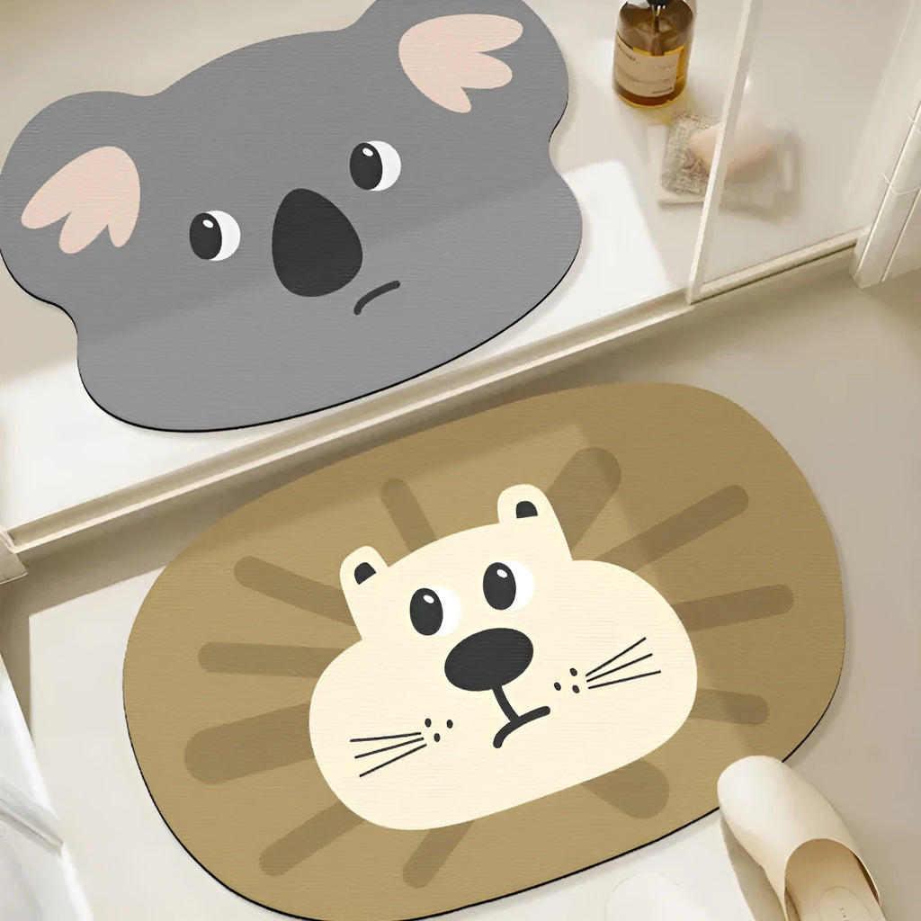 Cartoon animal diatom mud bathroom mat in Mr Brown Bear design on tiled floor.