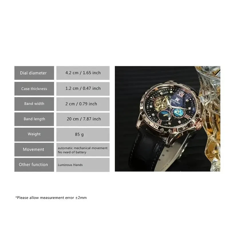 Men's automatic mechanical watch with black dial, rose gold shell, transparent case back and genuine leather strap
