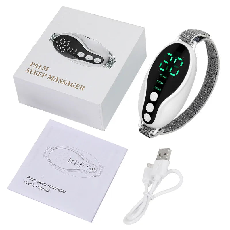 Intelligent sleeping aid instrument in white and blue, compact USB rechargeable with timer and adjustable fan