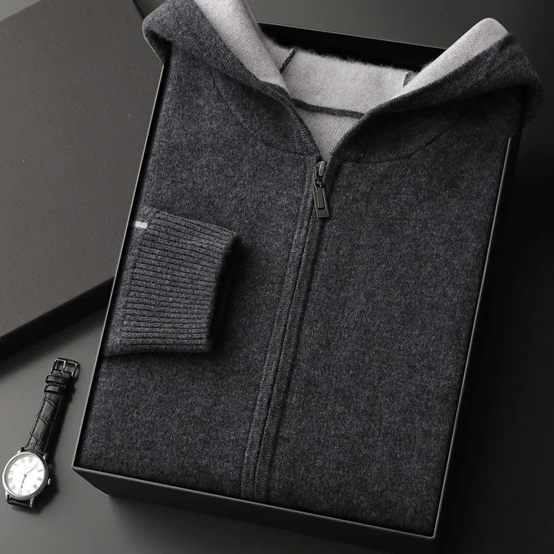 Men's dark blue cashmere blend zip cardigan with half-high collar and long sleeves