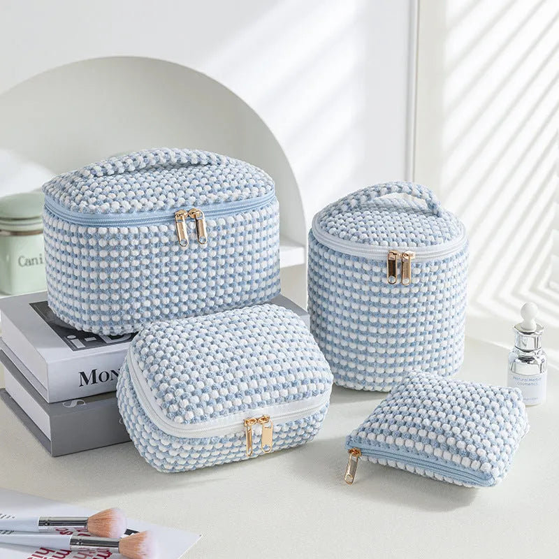 Flannelette makeup bag four-piece travel set in cube style design with modern simplicity aesthetic