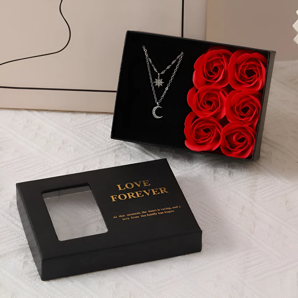 Korean style gift box containing six red soap roses with a matching handbag.