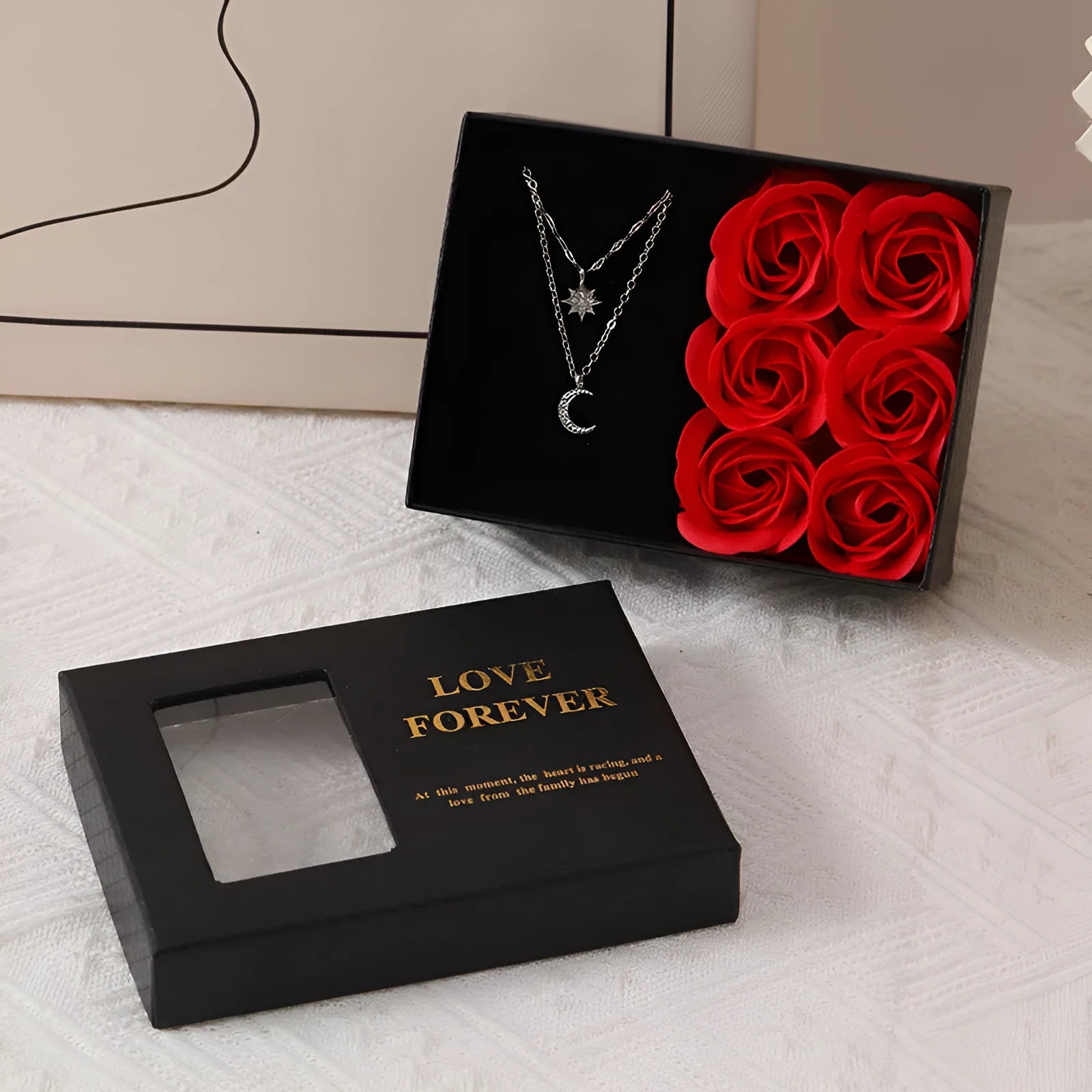 Korean style gift box containing six red soap roses with a matching handbag.