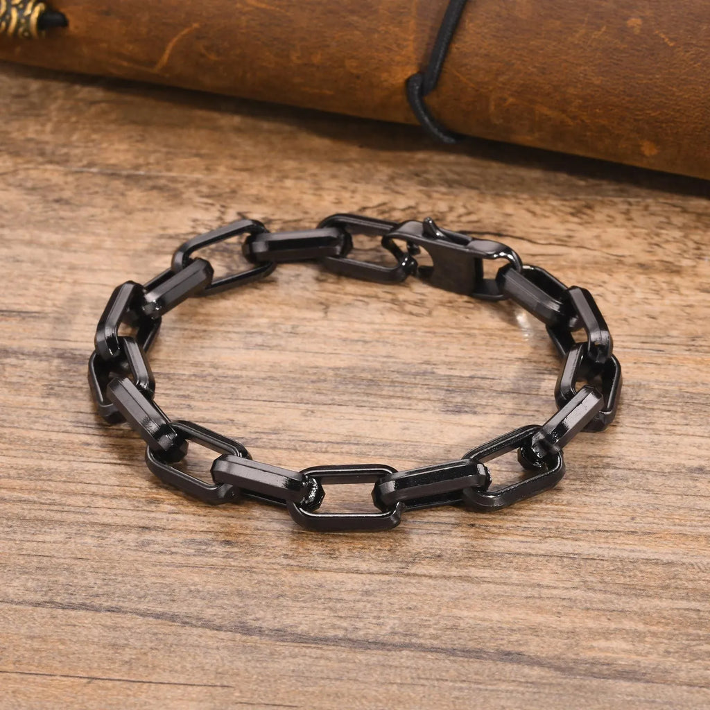 Men's simple square chain bracelet in titanium steel showing steel, gold, black, and retro colour options.