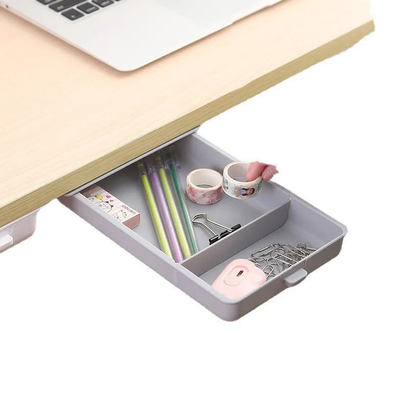 Adhesive under-table storage drawer with covered design and internal grid organisation compartments