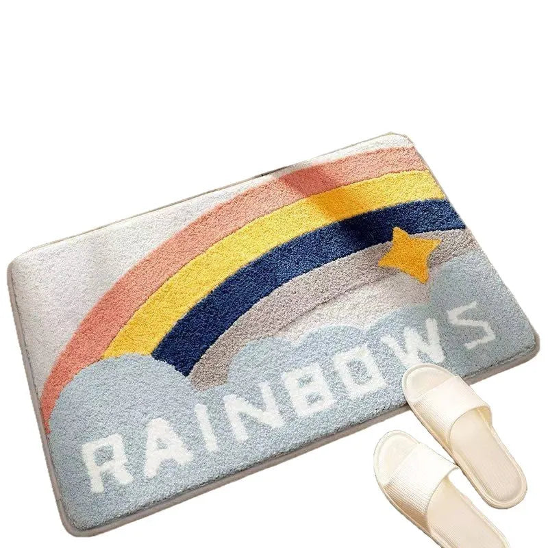 Square rainbow pattern carpet with plastic bottom layer in sky and sea colours