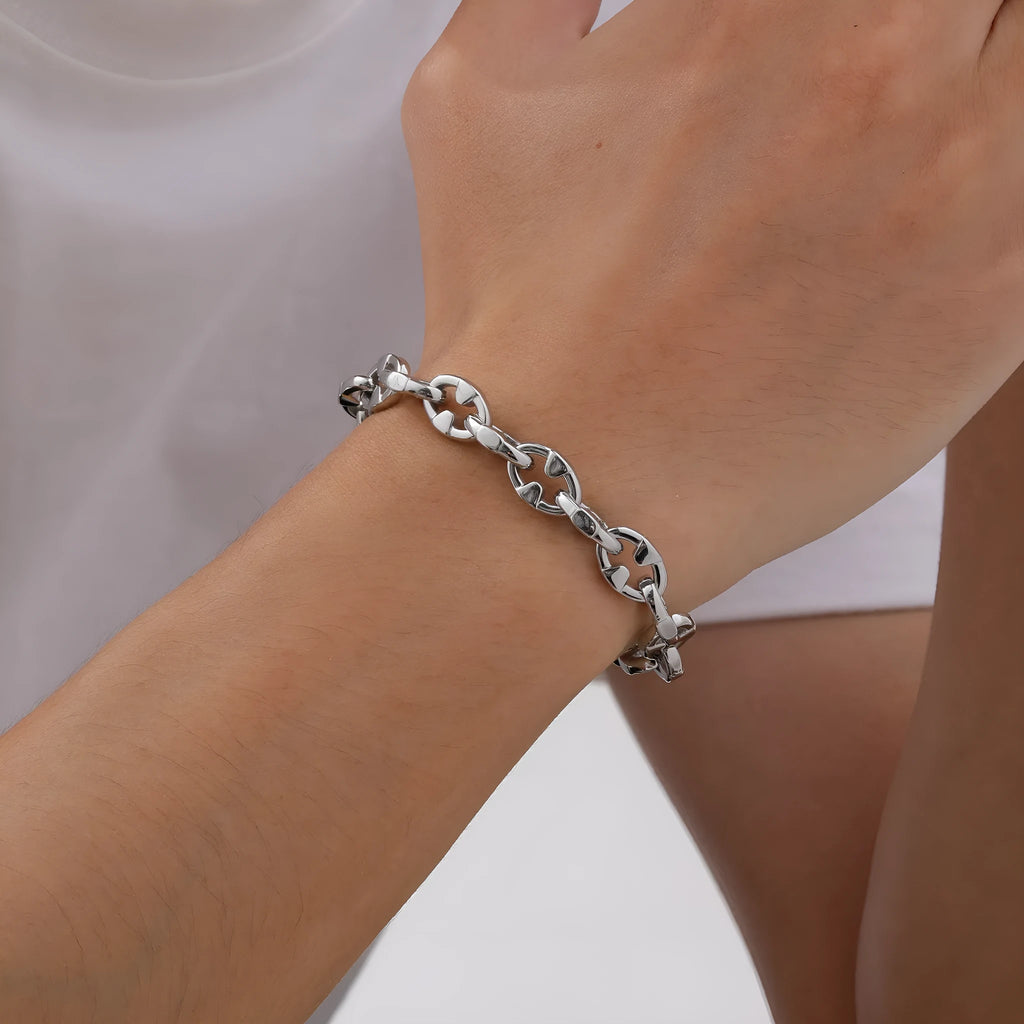 Stainless steel thick chain geometric bracelet in steel colour with handmade hip hop style