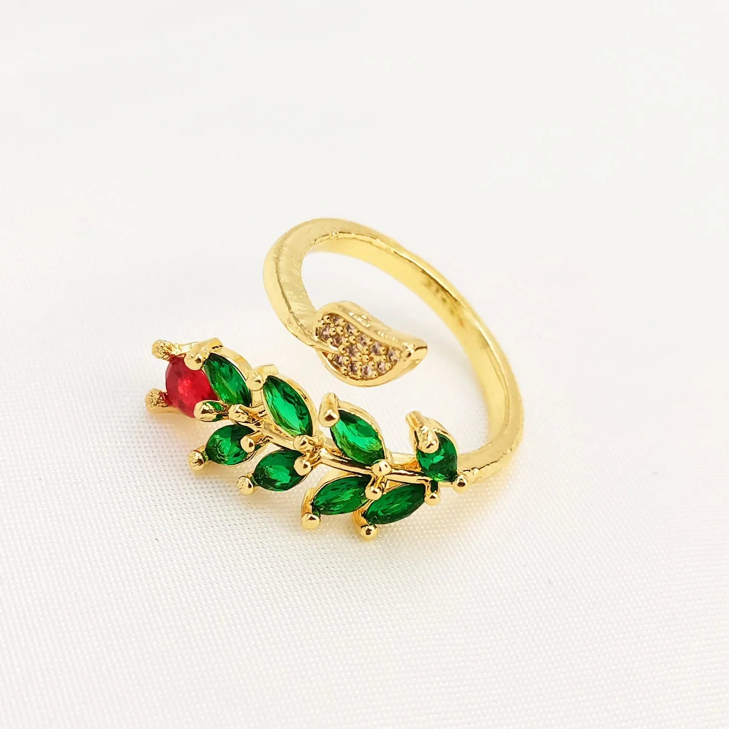 Copper gold zircon geometric leaf open ring with national style design for women